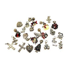 Lot of 24 Christmas & Heart Charms Enamel Silvertone Metal